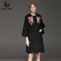 High Quality Women Winter Coat Warm Pocket Woolen Floral Embroidery Long Coat Vintage Black Outerwe