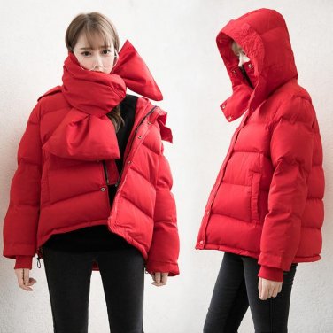 Winter White Black Hooded Long Sleeve Jcaket New Korean Fashion With Scarf Woman\'s Loose Casual Coa