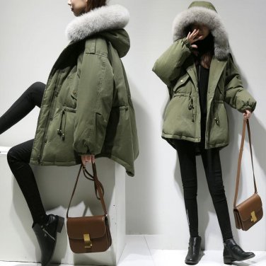 Winter Jacket Women Coats Real Large Raccoon Fur Collar Female Parka Army Green Thick Cotton Padded 