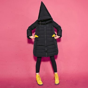 Winter Women Thick Down Coats Towel Embroidery Monster Hooded Womens White Duck Down Long Outerwear 