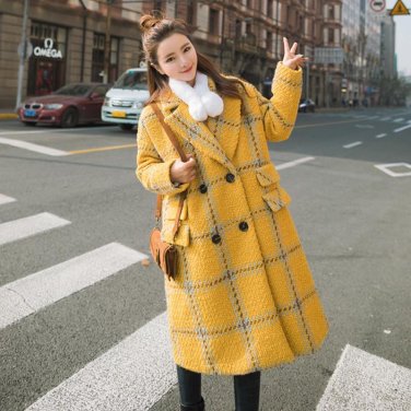 Oversized Coats Autumn Winter Woolen Coat Women Double Breasted Yellow Plaid Wool Coat Long Parka Co