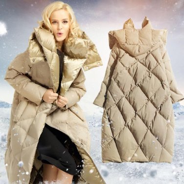 New Winter Cocoon Type Hooded Down Jacket Women White Goose Down Coat Jacket Warm Long