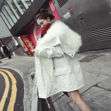 Big Imitation Fox Fur Collar Long Solid Color Coat Lamb Cashmere Padded Cotton Warm Jacket Mujer Win