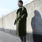 Green Lace Up Woolen Coats For Women Winter Split High Waist Lapel Collar Pockets Long Overcoat Fema