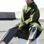 Green Lace Up Woolen Coats For Women Winter Split High Waist Lapel Collar Pockets Long Overcoat Fema