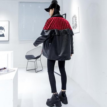 Ruffles Pu Leather Coats Women Patchwork Velvet Lapel Collar Single Breasted Pocket Jacket Winter Th