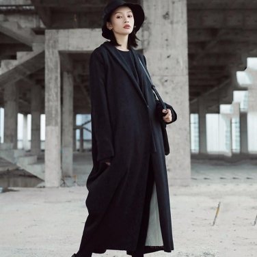 Back Draped Woolen Long Trench Coat Women Winter Black Loose Big Size Women\'s Windbreaker Casual Cl