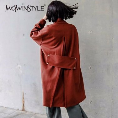 Woolen Big Pockets Long Trench Coat Women Winter Lace Up Stand Collar Women\'s Windbreaker Loose Cas