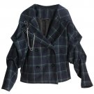 Plaid Woolen Coat Women Autumn Winter Ruffles Long Sleeve Tops Metal Chain Loose Werm Coats Female C