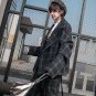 Plaid Woolen Coat Women Autumn Winter Ruffles Long Sleeve Tops Metal Chain Loose Werm Coats Female C