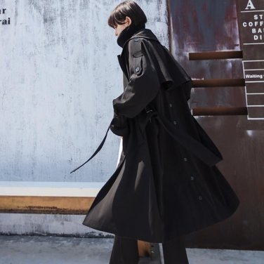 Sashes Tunic Long Trench Coat Women Autumn Winter Black Irregular Split Women\'s Windbreaker Loose O