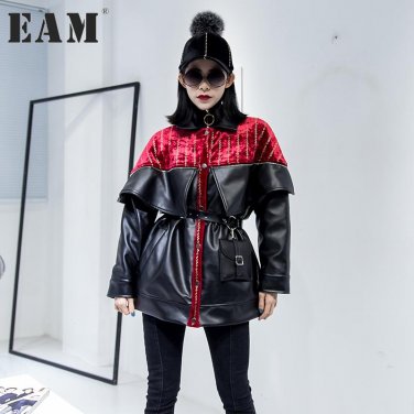 [EAM] 2017 Autumn Winter New Pattern Fashion Coat Loose Handsome Pleuche Stitching PU Tide Jacket Wo