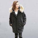 new autumn winter fur hooded long sleeve solid color black corduroy loose big size warm jacket women
