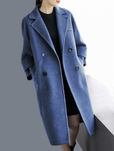 new autumn winter lapel long sleeve solid color blue loose logn jacket  women coat  fashion tide JD7
