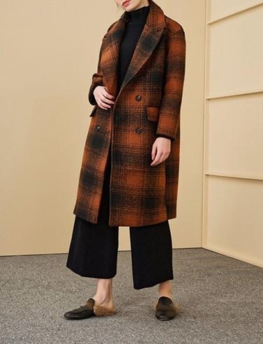 new autumn winter lapel long sleeve solid color black big plaid loose long wollen coat women jacket 