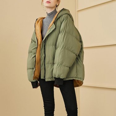 new autumn winter hooded long sleeve solid color green loose big size cotton-padded coat women fashi