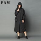 [EAM] 2017 new autumn winter lapel long sleeve solid color green loose big size cotton-padded warm c