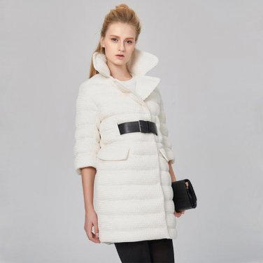 winter stand collar three-quarter sleeve solid color white loose warm coat women jacket with belt te