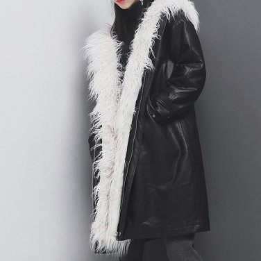 new autumn winter hgoded long sleeve solid color black fur loose big size  coat women jacket fashion