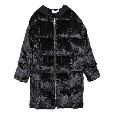 new autumn winter hooded long sleeve solid color black velour cotton-padded long coat women fashion 