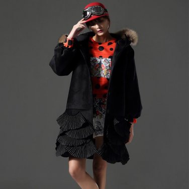 winter Fashion New composite Velvet Split Joint Lotus Leaf Edge Hem Long Hooded Loose Coat Woman AZ1