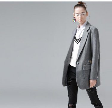 New Winter Coat Women Turn-Down Collar Character Appliques Single Button Medium Long Wool Coats Outw