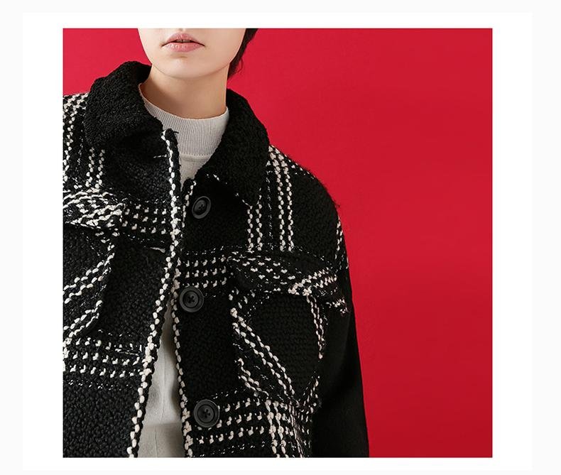 Woollen Coat Winter Women Loose Plaid Striped Contrast Color Thicken Woolen Jacket Overcoat