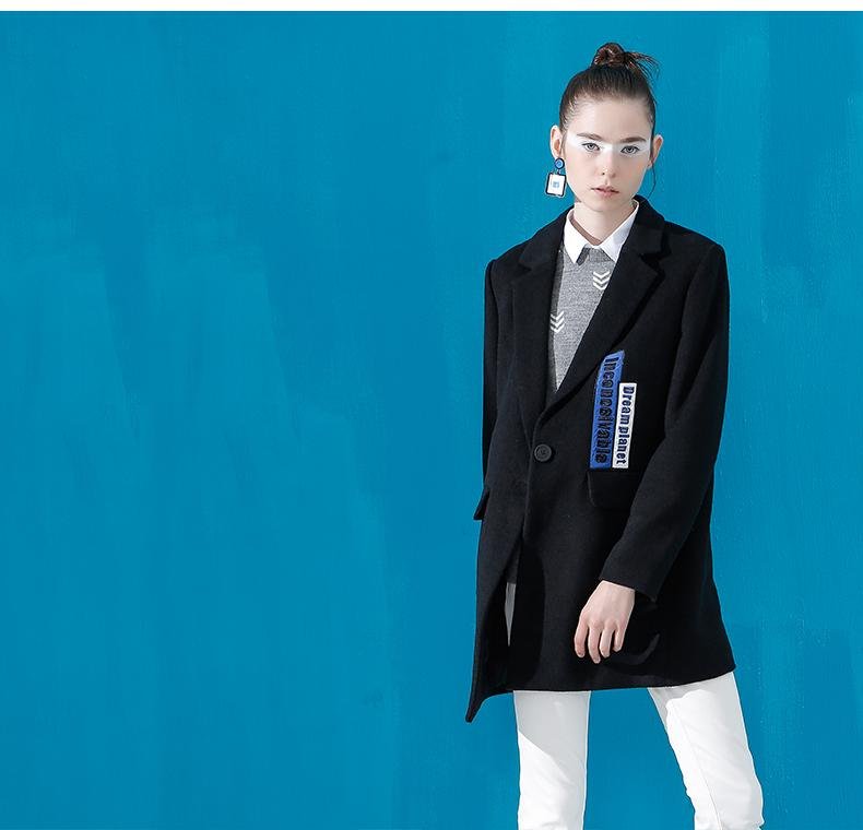 Winter New Lapel Embroidered Patchwork Coat Female Woolen Jacket Slim Long Blends Coats