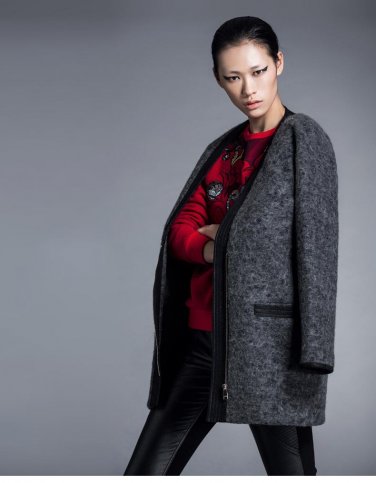 New Autumn Winter Thicking Warm Color Contrast Zipper Closured Outerwear Fashion Long Sleeve Loose W