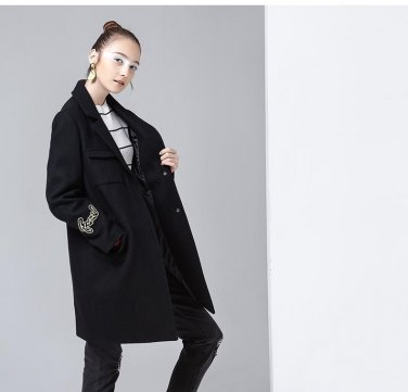 Winter Woolen Coat New Lapel Pocket Character Printing Embroidery Women Slim Long Blends Coats