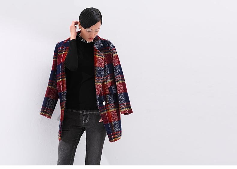 Winter Women Wool Blends Coat Plaid Long Sleeve Mid-Length Turn-down H Style Outerwear