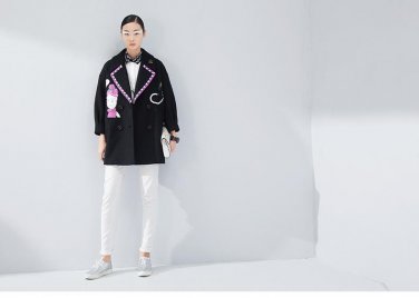 Winter Women Blends Wool Coat Turn-down Collar Long Sleeve Mid-length Embroidery Printed Outerwear