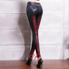 Lace Up Back Faux Leather Stretch Leggings Red/Black/Gold/Silver Women Gothic Punk High Elastic Wais