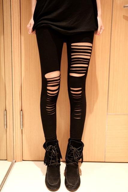 Casual Gossip Girl Punk Rock Star Slashed Torn Ripped Autumn Spring Women\'s Slashed Leggings Pant C