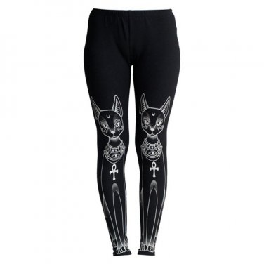 Punk Style Black Egyptian Cat Stamp Hippie Fashion Gothic Skinny Casual Pants Leggings