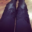 Lace Leggings Skinny Stretch Pants Triangular Lace PU Leather  Pants Capris