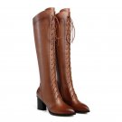 Women Genuine Leather Side Zipper Knee High Boots Fashion Cross Tied Comfortable Square Heel Winter 