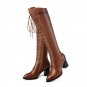 Women Genuine Leather Side Zipper Knee High Boots Fashion Cross Tied Comfortable Square Heel Winter 