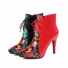 Mature Floral Print Ankle Boots Sexy High Heels Women\'s Winter Boots Genuine Leather Female Footwea