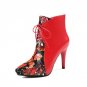 Mature Floral Print Ankle Boots Sexy High Heels Women\'s Winter Boots Genuine Leather Female Footwea