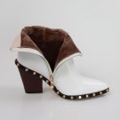 Brand Genuine Leather Rivet Boots Women Thick High Heels Ankle Boot Female Zip Pointed toe Ladies Sh