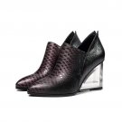 Size 33-42 Fashion Pumps Women Genuine Leather Transparent Wedges Heels Shoes Woman Embossed Leather