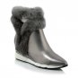 Genuine Leather Rabbit Fur Shoes Woman Ankle Boots Zipper Wedges Winter Boots Pointed toe Platform F