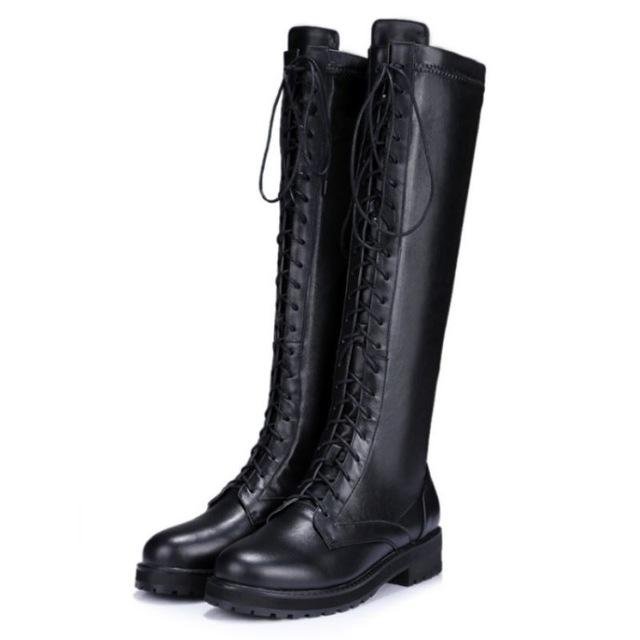New Fashion Women Real Genuine Leather Knee Boots Woman Flat Martin Boot Female Round Toe Lace Up Sh
