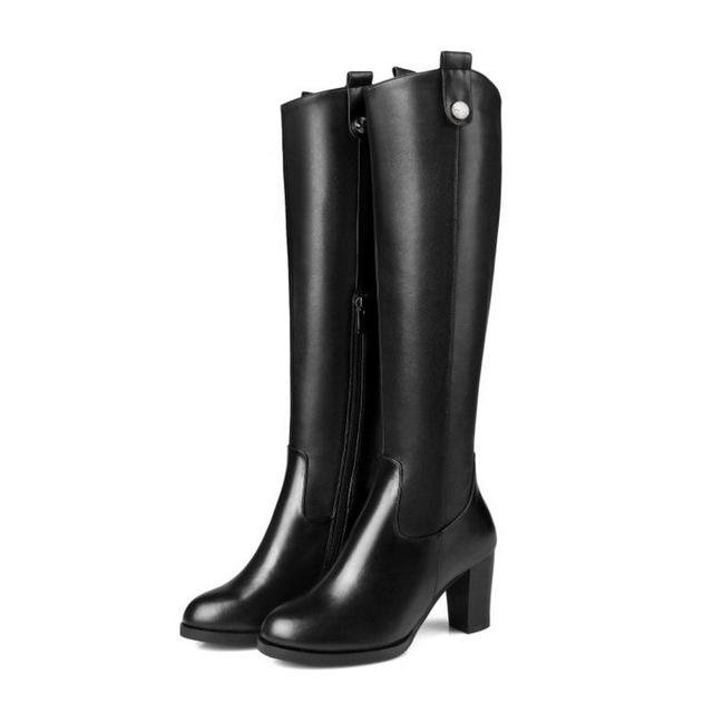 Women Natural Real Leather Knee Boots Winter Snow Boots Sexy Square Heel Fashion Zipper Women Riding