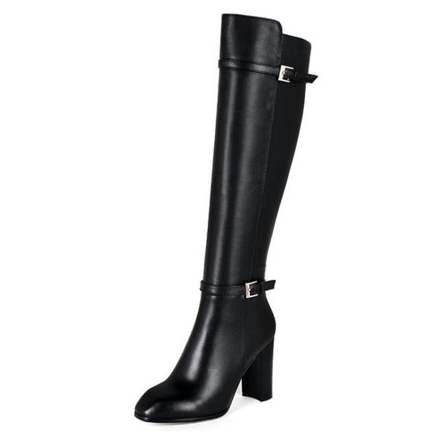 Women Real Leather Over Knee Boots Winter Snow Boots Sexy High Heel Fashion Zip Women Riding Black B