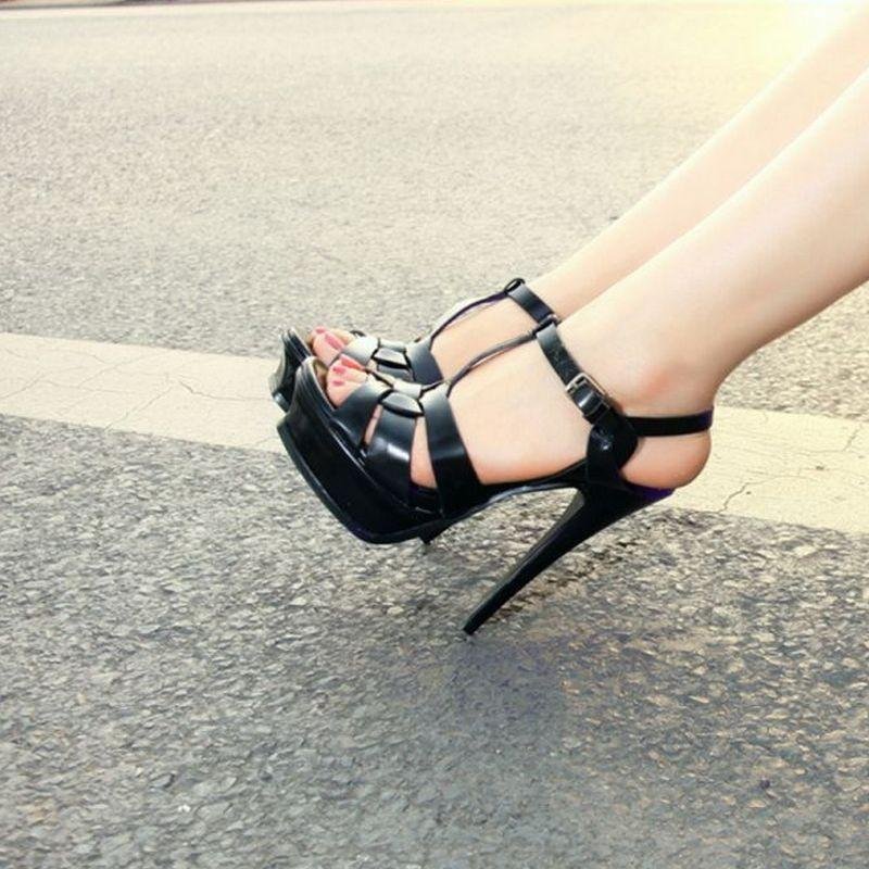 woman real genuine leather sandals high heel platform rome shoes summer punk t-strap buckle footwear