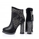 Top Quality Rhinestones Platform Kid Suede Genuine Leather Shoes Women Sexy Cylinder High Heels Blac