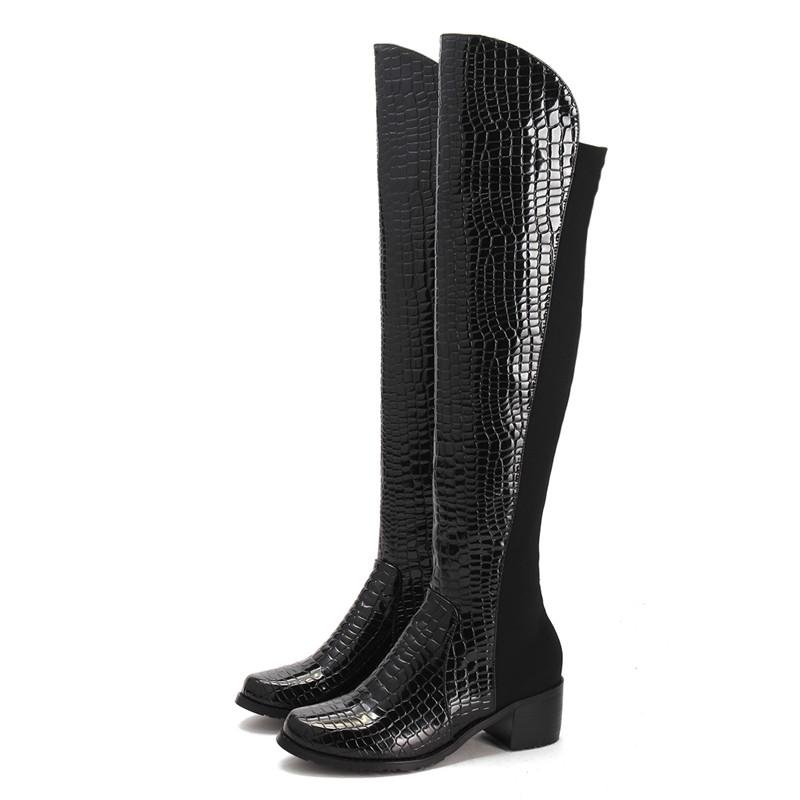 fashion new hot sale women boots med heel round toe shoes solid black winter warm knee high boots
