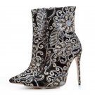 Size 33-43 Women Brand Shoes Mid Calf High Heel Boots Flower Beading Half Embroidery Short Botas For